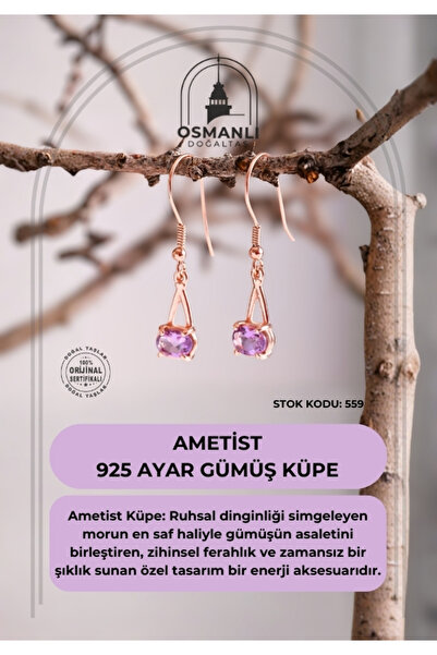 OSMANLI DOĞAL TAŞ Sertifikalı Ametist 925 Ayar Gümüş Küpe (SK:559)