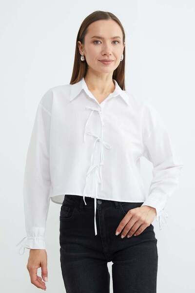 Fulla Moda Buttoned Crop Shirt with Tie Front