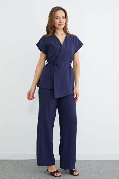 Fulla Moda Set Crinkle din 2 piese cu vestă cu mâneci scurte și legături la t...