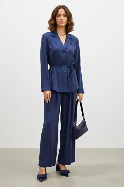 Loreen Double-Breasted Collar Belted Suit-Indigo Indigo