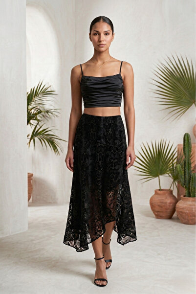 peralist Fusta asimetrică tul cu talie elastică, cu model de șarpe negru, pen...