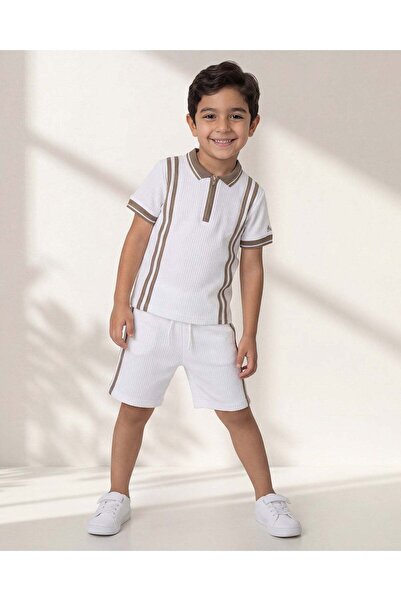 REDTAG Boys White Jacquard Polo T-Shirt and Shorts Set