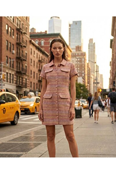 Vesua Tweed Covered Button Pocket Flap Paris Dress