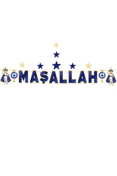 parti show Maşallah Yazılı Sünnet Banner Mavi Gold Sünnet Süsü 160 cm
