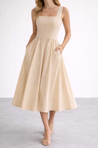 Benedetto Νέα σεζόν Γυναικείο φόρεμα μίντι με τετράγωνο λαιμό, ελαστική μέση,...