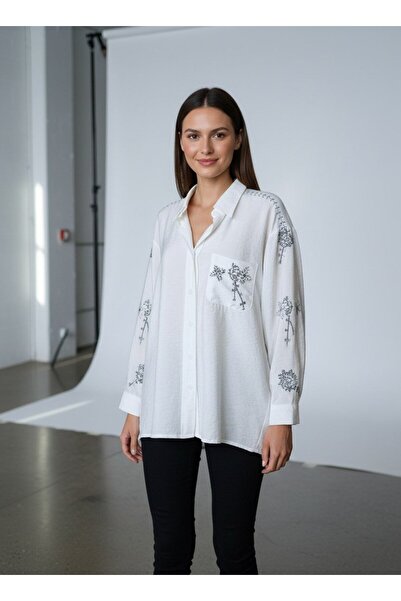 vellum butik KANAVİÇE DESENLİ VİSKON KADIN GÖMLEK