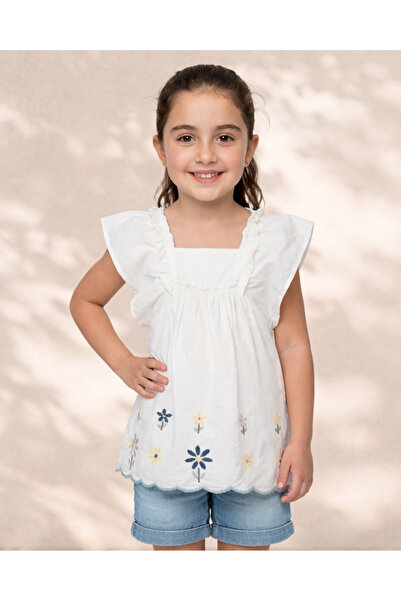 REDTAG Girls White Embroidered Short Sleeve Blouse