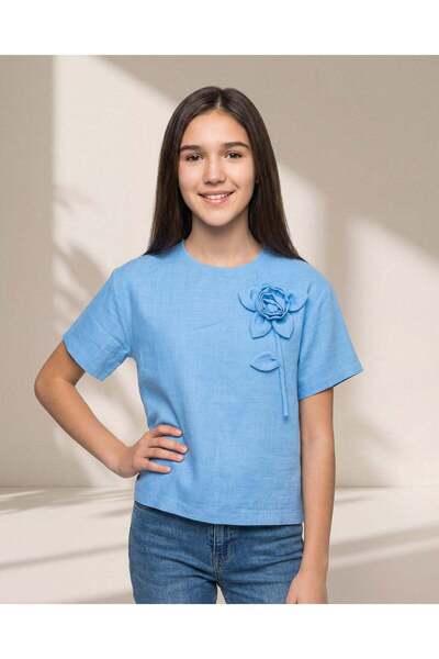 REDTAG Senior Girls Pale Blue Floral Detail Top