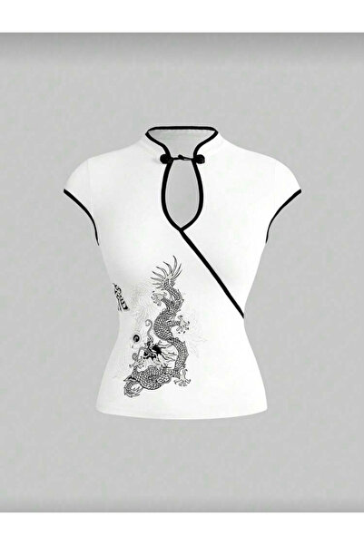 Gofeel Japones Style Mandarin Yaka Ejderha Desenli Bluz Crop