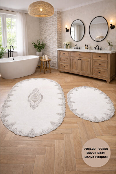 Modernsoft Lavensa Krem Fransız Dantelli Lüks Banyo Paspası Kaymaz ve Deri Ta...