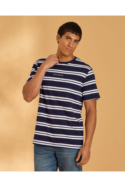 REDTAG Men Blue Striped T Shirt