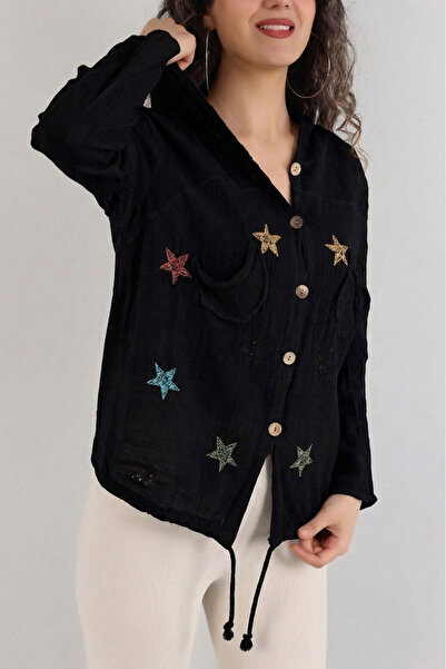 NEW JOURNAL Women's Black Hooded Mesh Detailed Linen Shirt Nj126