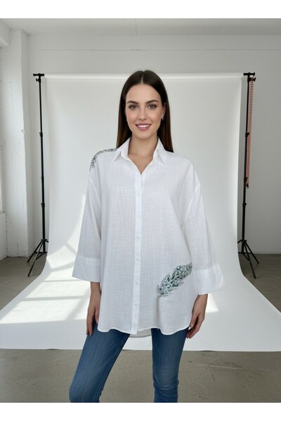 vellum butik TÜY MOTİFLİ TAŞ İŞLEMELİ KETEN GÖMLEK