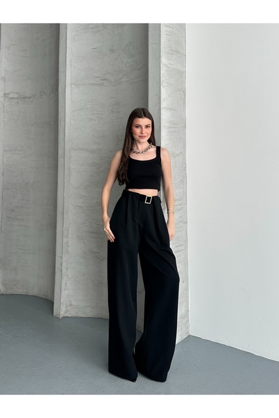 solena sln Γυναικείο Μαύρο Παντελόνι Παλάτσο με Λεπτομέρεια Ζώνης και Σχέδιο ...