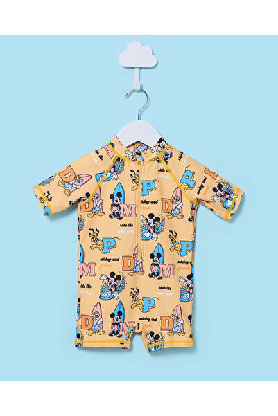 REDTAG Infant Boys Yellow Mickey Mouse Printed Onesie Swimwear