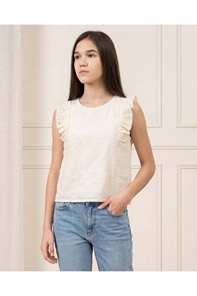 REDTAG Senior Girls Beige Embroidered Ruffled Top