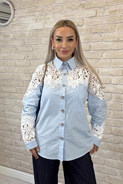 Muna Boutique Diare Lace Imported Long Blue Shirt with Guipure Detail and Sto...