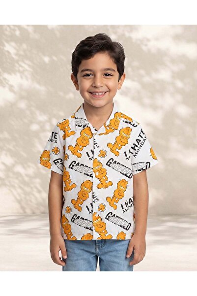 REDTAG Junior Boys White Garfield Allover Print Short Sleeve Shirt