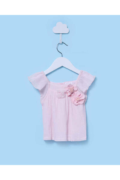 REDTAG Infant Girls Pink Crepe Square Neck Blouse