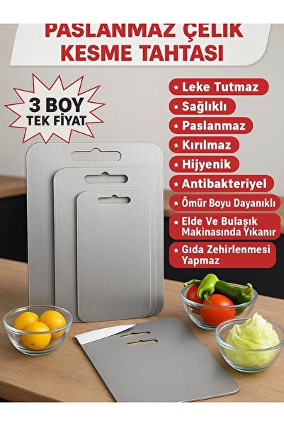 Güneş Krom Dekorasyon GKD 3’lü Profesyonel Paslanmaz Çelik Kesme Tahtası Seti...