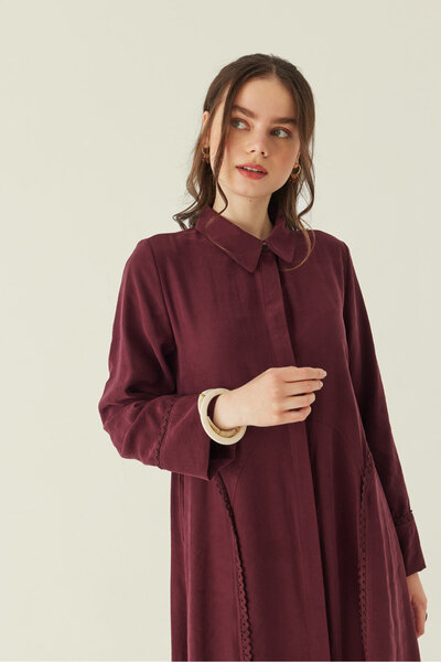 ZÜLAYS Gömlek Yaka Dantelli Elbise Bordo