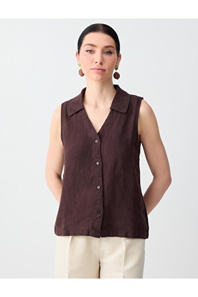 Jimmy Key Acı Kahve %100 Keten Kolsuz Dar Kesim Gömlek