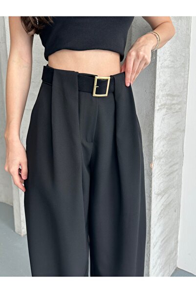 solena sln Women's Black Bridge Detailed Belted Palazzo Trousers