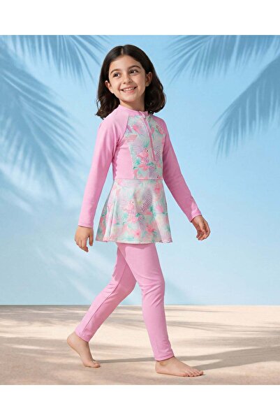 REDTAG Girls Green Tropical Modest Swim 3 Piece Set