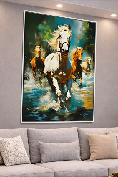 ARTAN GALLERY Koşan Atlar Duvar Tablosu İtalyan Kadife Yağlı Boya Görünümlü A...
