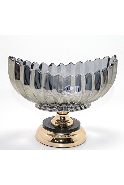 Store Lüks Füme Kristal Cam Gondol Sunumluk Gold Ayaklı Dekoratif Servis Taba...
