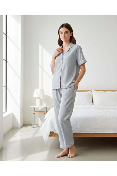 REDTAG Women Pale Blue Striped Long Sleeve Pyjama Set