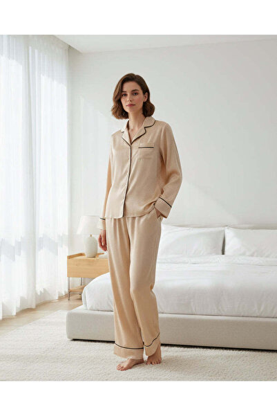 REDTAG Women Beige Satin Long Sleeve Pyjama Set With Contrast Piping