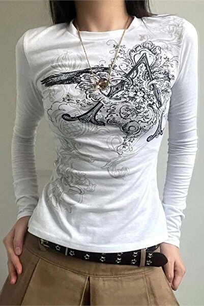 Köstebek White Vintage Punk Patterned Harajuku Y2K Long Sleeve Cropped