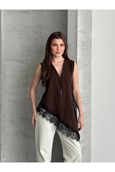 solena sln Women's Lace Pack Asymmetrical Cut Stylish Vest Blouse - Black