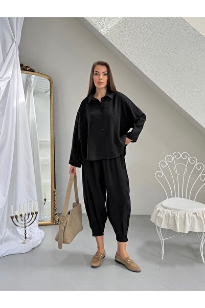 NEW JOURNAL Set cămașă și pantaloni negri din tensel pentru femei FRV10