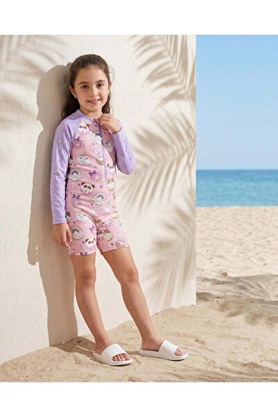 REDTAG Girls Lilac Cat Doughnut Allover Print Swimming Suit
