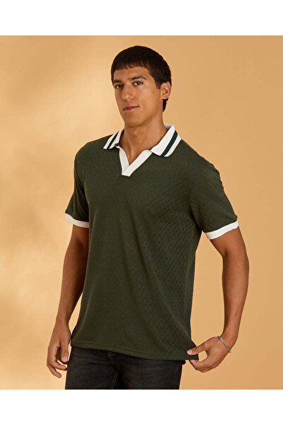 REDTAG Men Olive Jacquard Collar Polo T-Shirt