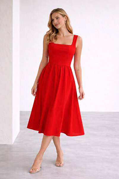 Benedetto Νέα σεζόν Γυναικείο φόρεμα μίντι με τετράγωνο λαιμό, ελαστική μέση,...