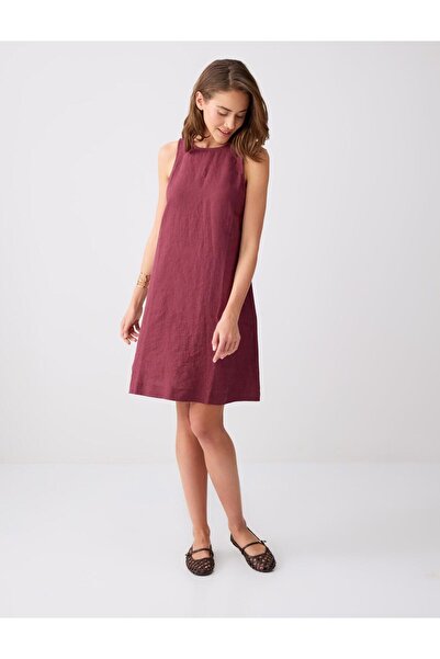 Jimmy Key Μπορντό 100% Λινό Αμάνικο Μίνι Φόρεμα με λαιμόκοψη ποδηλάτου