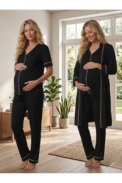 PREGNANT WORLD New Season Black Design Summer Piped Full Buttoned Short Sleev...