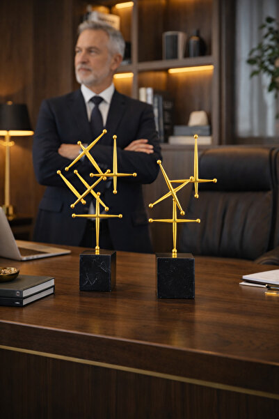 Vinner Kalyx Gold Dekoratif Obje Seti 2’li – Metal Mermer Kaideli Modern Salo...