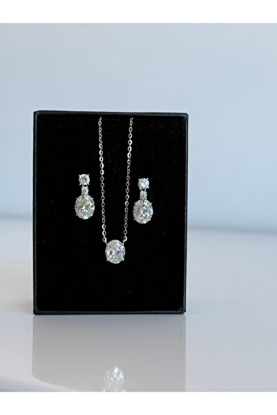 NO BRAND 925s Gümüş Mozanit taşlı küpe kolye takım