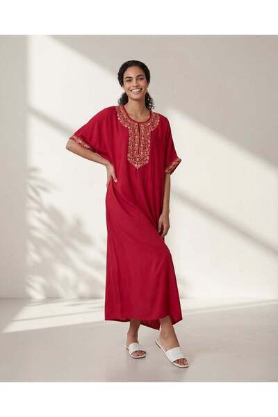 REDTAG Women Red Embroidered Kaftan Nightgown