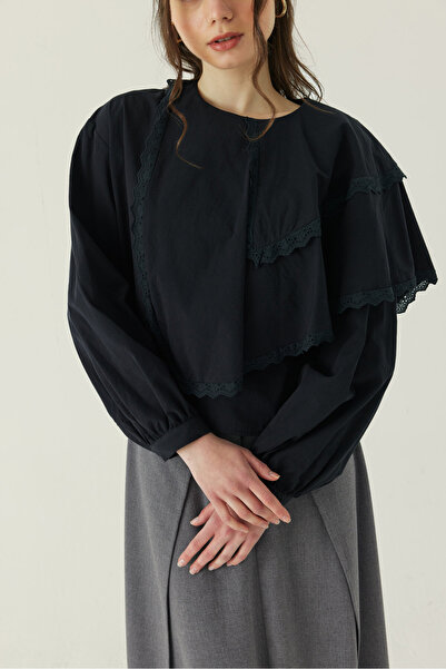 ZÜLAYS Pelerinli Poplin Gömlek Siyah