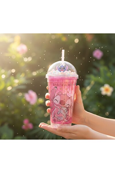 Kuzey Tacı Stitch 3D Figürlü ve Renkli Boncuklu Pipetli Bardak Simli ve Çift ...