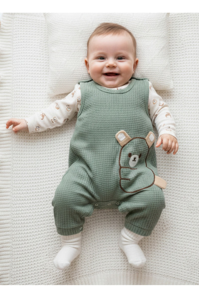 EYMİRGİYİM Ayıcık Motifli Waffle Kumaş Erkek Bebek Çocuk 3'lü Tulum 3 Ay, 6 A...