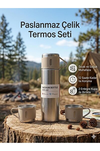 Vacuum Bottle Paslanmaz Çelik Termos 3 Bardaklı 500 ML Kutulu Sızdırmaz Set