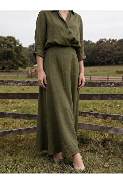 DenizEge Elastic Waist Italian Trousers A-Line Skirt Khaki