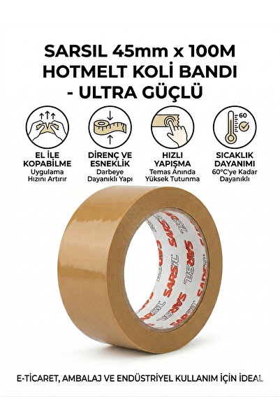 SARSİL 45 mm x 100 Metre Hotmelt Koli Bandı - El İle Koparılabilir Güçlü Amba...