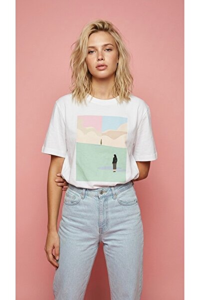 HOXİE Women's Oversized Printed Minimal Art Patterned White T-Shirt
